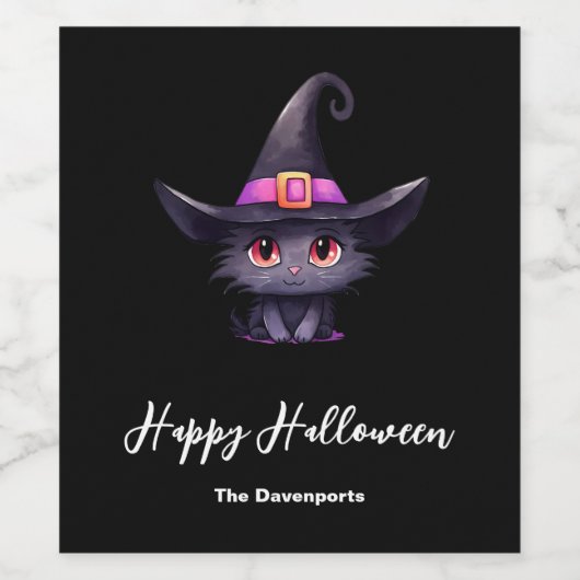 Schattigee zwarte kat met een heks Pet Halloween Wijn Etiket (Enkel label)