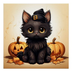 Schattigee zwarte kat met een zwart pet met pompoe perfect poster