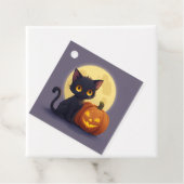 Schattigee zwarte kat met gloeiende gesneden pompo bedankjes labels (In situ)