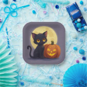 Schattigee zwarte kat met gloeiende gesneden pompo papieren bordje (Feest)