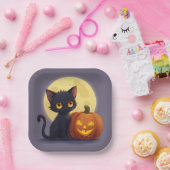 Schattigee zwarte kat met gloeiende gesneden pompo papieren bordje (Feest)