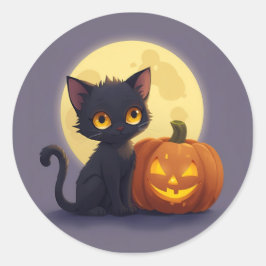 Schattigee zwarte kat met gloeiende gesneden pompo ronde sticker
