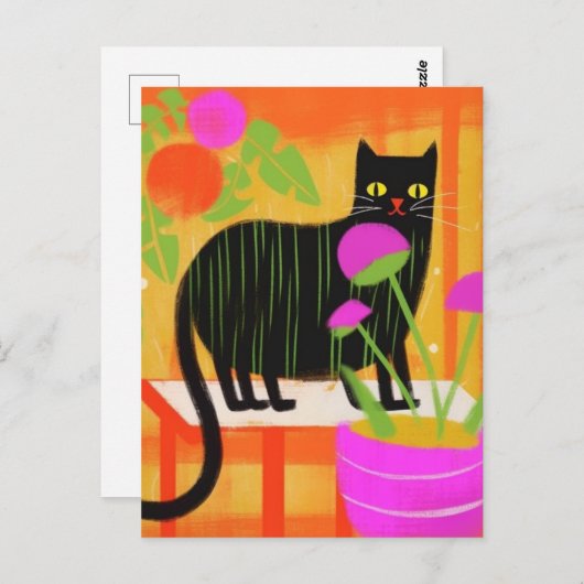 Schattigee zwarte kat met groene strepen in kamerp briefkaart (Voorkant / Achterkant)