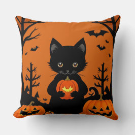 Schattigee zwarte kat met Halloween pompoenen Kussen