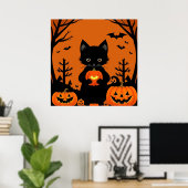 Schattigee zwarte kat met Halloween pompoenen Poster (Thuiskantoor)