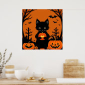 Schattigee zwarte kat met Halloween pompoenen Poster (Keuken)