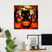 Schattigee zwarte kat met Halloween pompoenen Poster (Thuiskantoor)