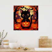 Schattigee zwarte kat met Halloween pompoenen Poster (Keuken)