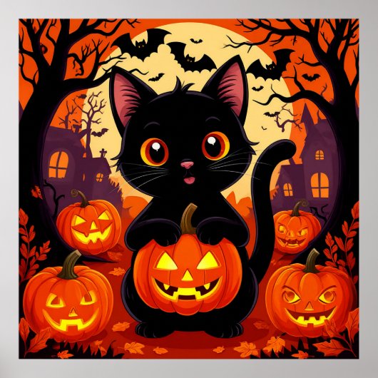 Schattigee zwarte kat met Halloween pompoenen Poster (Voorkant)