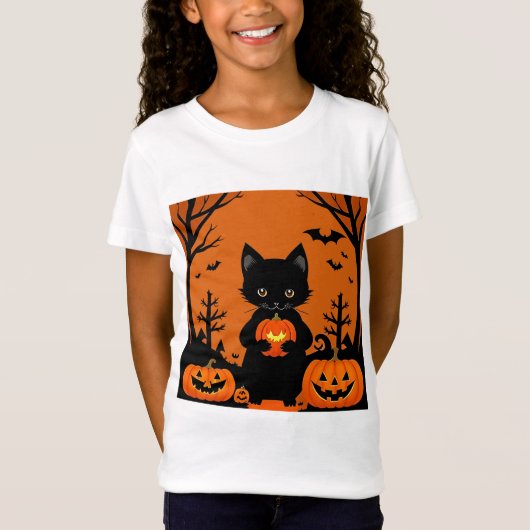 Schattigee zwarte kat met Halloween pompoenen T-shirt (Voorkant)