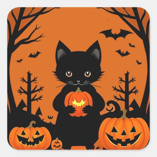 Schattigee zwarte kat met Halloween pompoenen Vierkante Sticker (Voorkant)