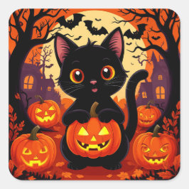 Schattigee zwarte kat met Halloween pompoenen Vierkante Sticker