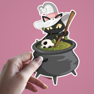 Schattigee zwarte kat met heks Pet brouwen toverdr Sticker