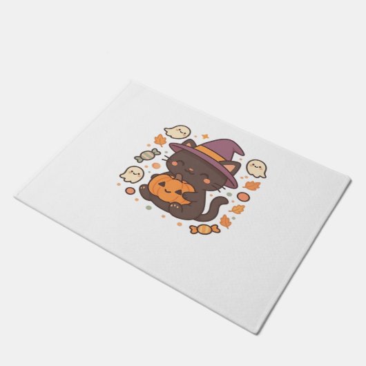 Schattigee zwarte kat met heks Pet - Kawaii Hallow Deurmat (Schuin)