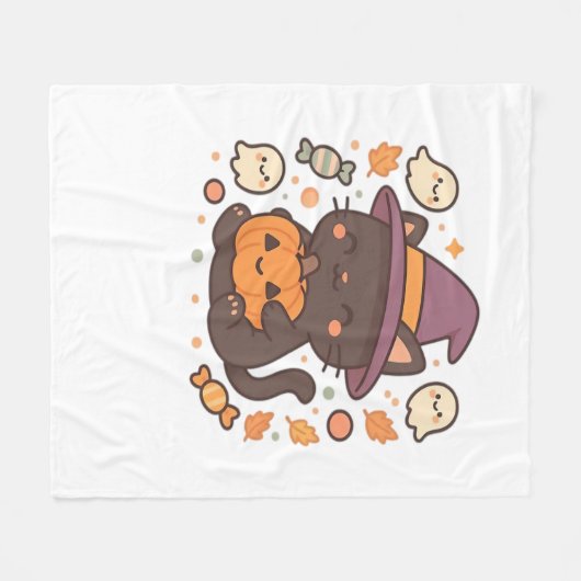 Schattigee zwarte kat met heks Pet - Kawaii Hallow Fleece Deken (Voorkant (Horizontaal))