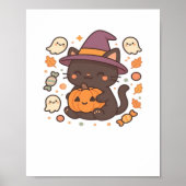 Schattigee zwarte kat met heks Pet - Kawaii Hallow Poster (Voorkant)