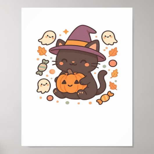 Schattigee zwarte kat met heks Pet - Kawaii Hallow Poster (Voorkant)