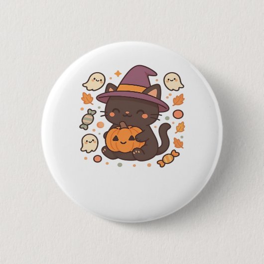 Schattigee zwarte kat met heks Pet - Kawaii Hallow Ronde Button 5,7 Cm (Voorkant)