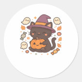 Schattigee zwarte kat met heks Pet - Kawaii Hallow Ronde Sticker (Voorkant)
