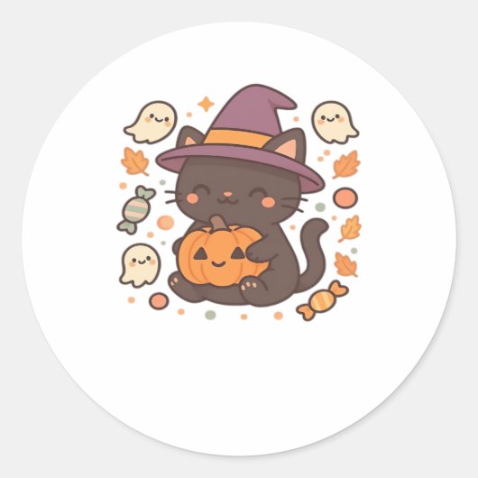 Schattigee zwarte kat met heks Pet - Kawaii Hallow Ronde Sticker (Voorkant)