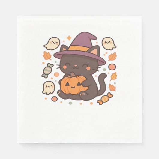 Schattigee zwarte kat met heks Pet - Kawaii Hallow Servet (Voorkant)