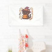 Schattigee zwarte kat met heks Pet - Kawaii Hallow Spandoek (Insitu)