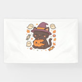 Schattigee zwarte kat met heks Pet - Kawaii Hallow Spandoek (Horizontaal)