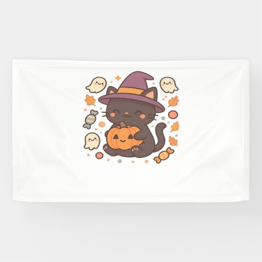 Schattigee zwarte kat met heks Pet - Kawaii Hallow Spandoek (Horizontaal)
