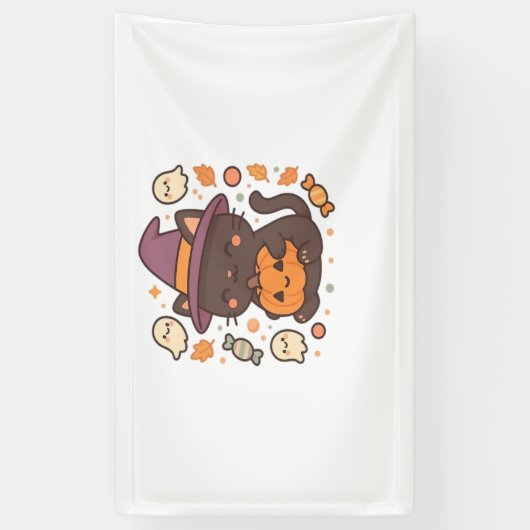 Schattigee zwarte kat met heks Pet - Kawaii Hallow Spandoek (Verticaal)