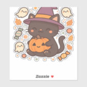 Schattigee zwarte kat met heks Pet - Kawaii Hallow Sticker (Vel)