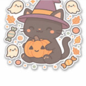 Schattigee zwarte kat met heks Pet - Kawaii Hallow Sticker (Voorkant)