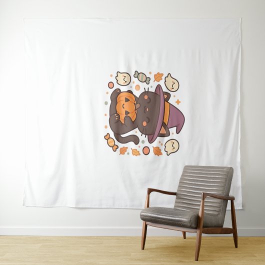 Schattigee zwarte kat met heks Pet - Kawaii Hallow Wandkleed (In Situ (horizontaal))