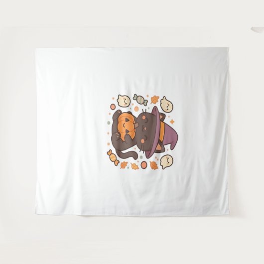 Schattigee zwarte kat met heks Pet - Kawaii Hallow Wandkleed (Voorkant (horizontaal))