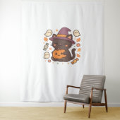 Schattigee zwarte kat met heks Pet - Kawaii Hallow Wandkleed (In situ)