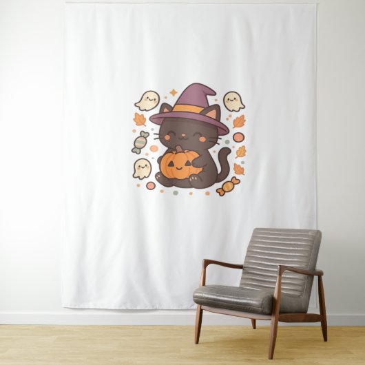 Schattigee zwarte kat met heks Pet - Kawaii Hallow Wandkleed (In situ)