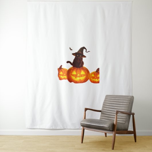 Schattigee zwarte kat met heks Pet, vleermuizen en Wandkleed (In situ)