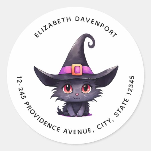 Schattigee zwarte kat met het Pet van een heks Ronde Sticker (Voorkant)