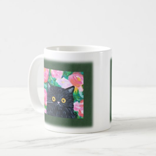 Schattigee zwarte kat met kleurrijke bloemen katte koffiemok (Voorkant links)