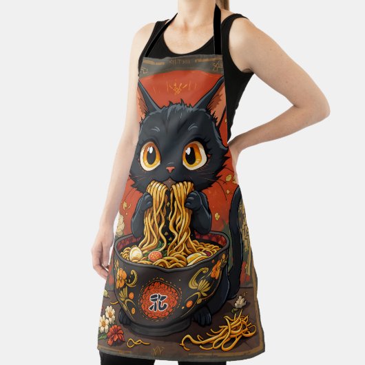 Schattigee zwarte kat met noedels schort (Insitu)