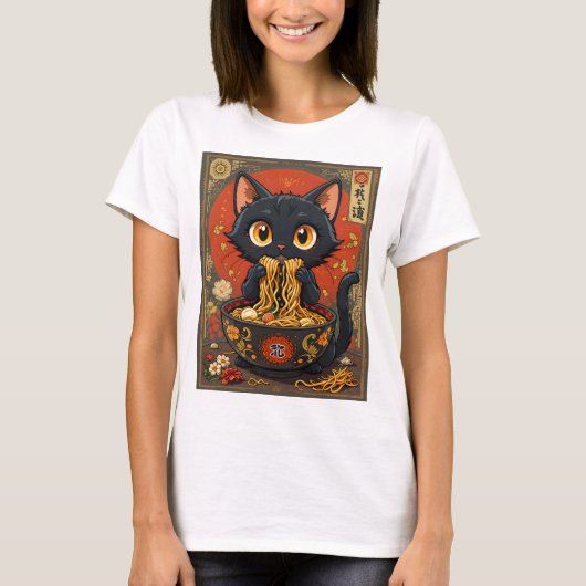 Schattigee zwarte kat met noedels T-shirt (Voorkant)