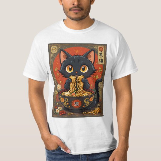 Schattigee zwarte kat met noedels t-shirt (Voorkant)
