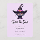 Schattigee zwarte kat met Pet van een heks Aankondigingskaart (Voorkant)