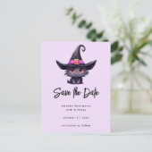 Schattigee zwarte kat met Pet van een heks Aankondigingskaart (Staand voorkant)