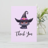 Schattigee zwarte kat met Pet van een heks Bedankkaart (Staand voorkant)