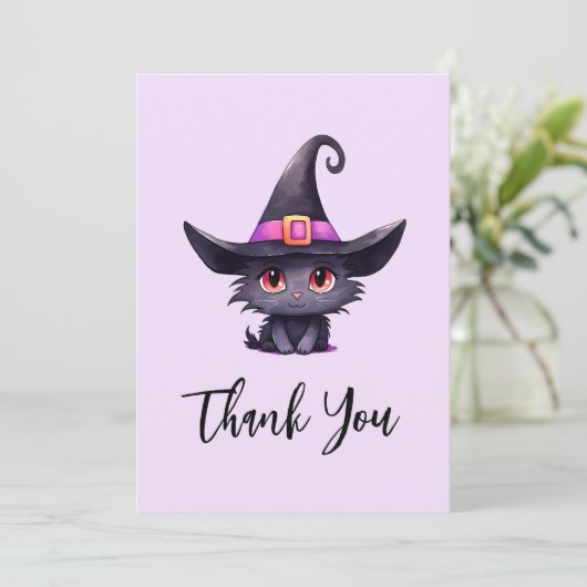 Schattigee zwarte kat met Pet van een heks Bedankkaart (Staand voorkant)