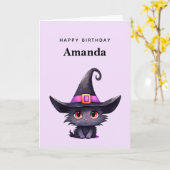 Schattigee zwarte kat met Pet van een heks Kaart (Gele Bloem)