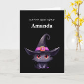 Schattigee zwarte kat met Pet van een heks Kaart (Gele Bloem)