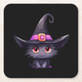 Schattigee zwarte kat met Pet van een heks Kartonnen Onderzetters (Voorkant)