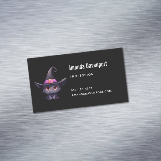 Schattigee zwarte kat met Pet van een heks Magnetisch Visitekaartje (Voorbeeld)