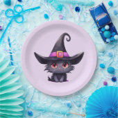 Schattigee zwarte kat met Pet van een heks Papieren Bordje (Feest)